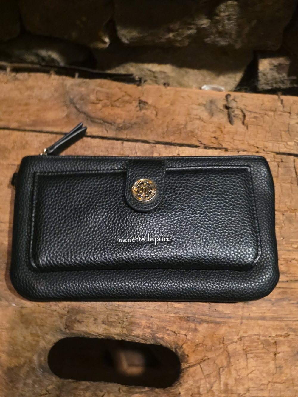 Nanette Lepore Black Pebbled Leather Zip Wallet with Gold Medallion